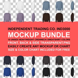 May include: A mockup bundle of 15 unisex heavyweight crewneck sweatshirts in various colors, including white, blue, and black. The image shows front, back, and side views of the sweatshirts. Text on a red background reads "INDEPENDENT TRADING CO. IND3000 MOCKUP BUNDLE".