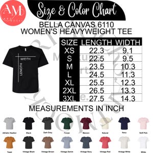 Bella Canvas 6110 Chart Bundle - Camiseta de peso pesado para mujer - Tabla de tallas y colores / Tabla de tallas BC6110 / Tabla no editable / Descarga instantánea / Pulgadas