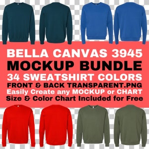 Paquete de maquetas de sudadera Bella Canvas 3945 Parte delantera y trasera PNG Fondo transparente Todos los colores Tamaño 3945 Tabla de características de colores incluida gratis