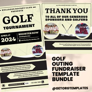 Op de afbeelding: Een zwart-witte flyer voor een golftoernooi-fondsenwerver. De flyer toont een hockeyteam op de achtergrond en de tekst "Bulldogs Hockey Club Presents Golf Tournament April 17, 2024" in grote, vetgedrukte letters. De flyer bevat ook de tekst "Register Now" en contactgegevens voor het evenement.