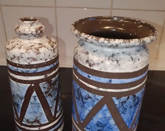 Two Strehlas in matching blue and black geometric pattern