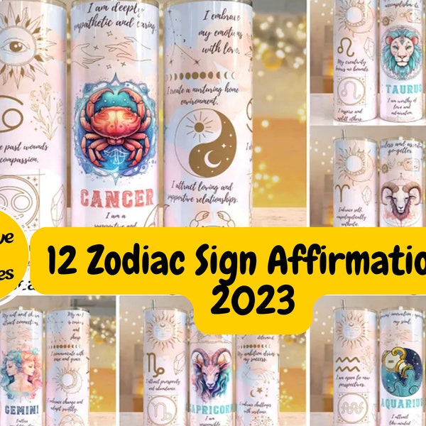 12 Zodiac Sign Affirmation 20 oz Skinny Tumbler Sublimation Designs bundle Templates Straight Design Digital Download PNG