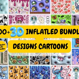 500 + Files Bundle 3D Aufgeblasener Hauch Sublimationsbecher Design Download PNG, JPG Gerade & manipulierte 20 Unzen Digital Tumbler Wrap Cartoons