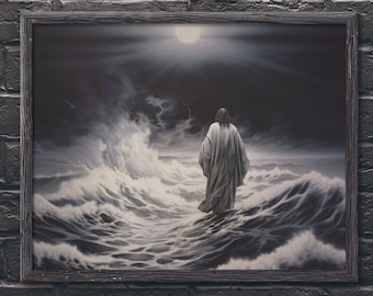 Jesus Christ Walking on Water Art Christian Wall Art Jesus Walking on Stormy Sea Religious Wall Art Christian Art Gift