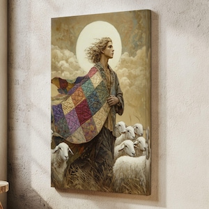 May include: A canvas print depicts a person with long, flowing hair, draped in a colorful quilt, standing among sheep. The artwork features a warm color palette with a bright, circular light in the background, evoking a pastoral theme.