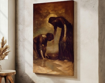 Maria Magdalena Jezus namaszczony przez grzeszną kobietę Łukasz 7:36-50 Biblia Malarstwo olejne Poziome płótno Chrześcijańska sztuka nowoczesna Religijny wystrój pokoju