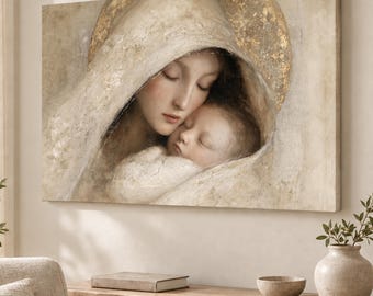 Madonna & Child Wall Art, Classical Virgin Mary with Baby Jesus, Neutral Christian Nursery Decor, Christmas Religious Print, Motherhood Gift