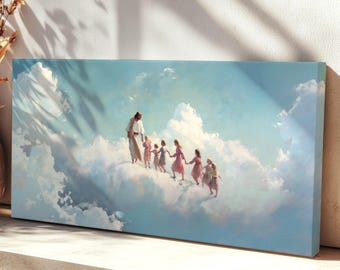 Jesús ama a sus hijos Impresión en lienzo largo horizontal Impresión cristiana en lienzo Cristo y los niños en el cielo Habitación infantil Decoración cristiana para el hogar