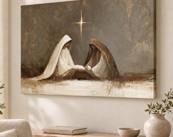 Christmas Nativity Wall Art, Impressionist Mary, Joseph and Baby Jesus, Neutral Christian Home Decor, Holy Night Religious Print, Sacred Art