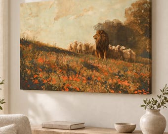 Lion and Lambs Wall Art, Wildflower Meadow of Peace, Christian Framed Canvas, Stretched Canvas or Matte Paper Print
