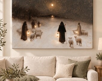 Christmas Shepherds Wall Art, Impressionist Night Scene, Lanterns & Sheep, Neutral Christian Home Decor, Nativity Religious Print, Bible Art