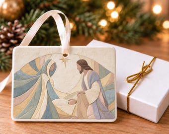 Holy Family Nativity Christmas Ornament, Muted Pastel Christian Ceramic Artwork, 4 x 3 Landscape Ornament with Gift Box, Peace at the Manger