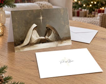 Personalized Nativity Christmas Cards, Impressionist Mary, Joseph and Baby Jesus Art, Christian 5x7 Folded Cards with Envelopes, Family Name