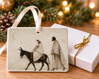 Mary Joseph and Jesus Christmas Ornament, Neutral Christian Ceramic Art, 4x3 Landscape Ornament with Gift Box, Holy Family Journey, Tree Art
