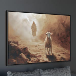 Jesus Leaves the 99 Parable Framed Canvas Print Earthy Christian Framed Art Christian Wall Decor Jesus the Shepard Canvas Christian Gift
