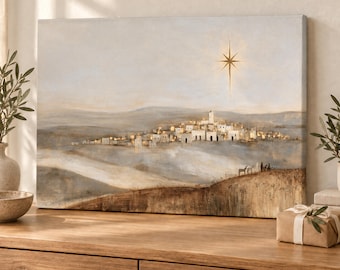 Star of Bethlehem Wall Art, Minimalist Christmas Nativity Landscape, Neutral Christian Home Decor, Ivory Gold Religious Print, Biblical Gift