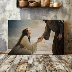 Mary Magdalene Canvas Print Mary Magdalene Given Christ&#39;s Mercy Painting Print John 8:7 Modern Christian Art Canvas Art Christian Room Decor