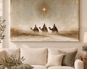 Three Wise Men Wall Art, Minimalist Christmas Desert Landscape, Star of Bethlehem, Neutral Christian Home Decor, Biblical Nativity Art Print