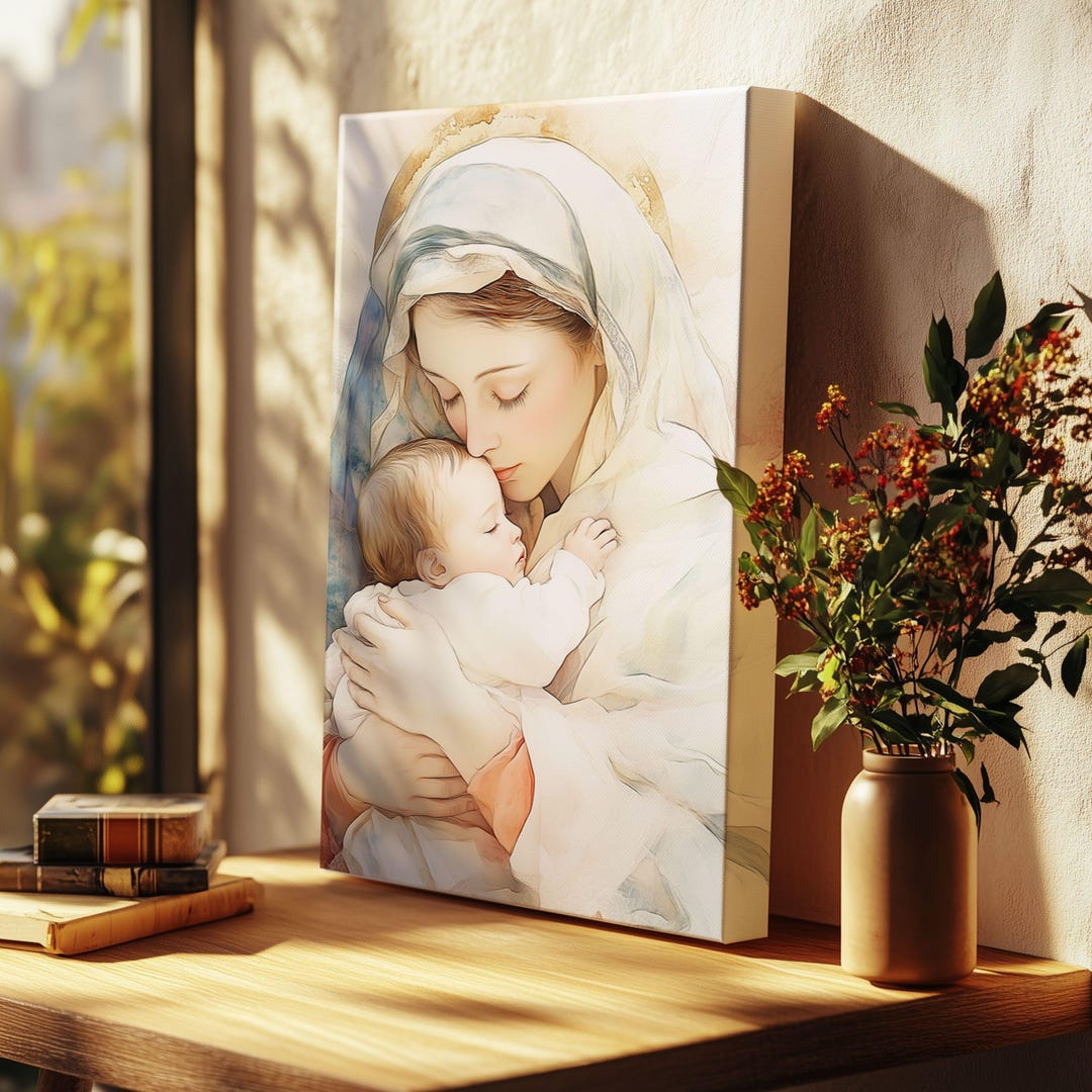 Virgin Mary and Baby Jesus Canvas Print Pastel Warm Painting Wall Art ...