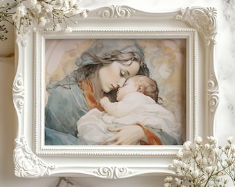 The Virgin Mary Holding Baby Jesus Wall Art Religious Matte Print Religious Wall Art Christian Modern Painting Christmas gift, Unframed
