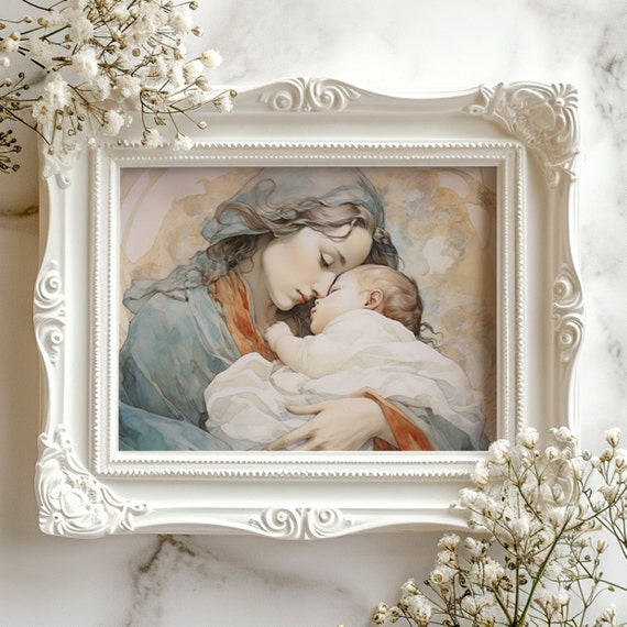 The Virgin Mary Holding Baby Jesus Wall Art Religious Matte Print Religious Wall Art Christian Modern Painting Christmas gift, Unframed