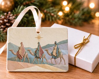 Three Wise Men on Camels Christmas Ornament, Pastel Christian Ceramic Design, 4x3 Landscape Ornament with Gift Box, Journey Beneath the Star