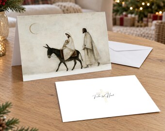 Personalized Holy Family Christmas Cards, Minimalist Mary, Joseph and Baby Jesus Art, Christian 5x7 Folded Cards with Envelopes, Family Name