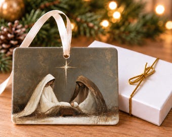 Holy Family Nativity Christmas Ornament, Rustic Christian Ceramic Art, 4x3 Landscape Ornament with Gift Box, A Holy Night, Religious Present
