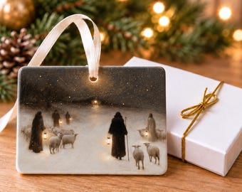 Shepherds and Sheep Christmas Ornament, Rustic Christian Ceramic Art, 4x3 Landscape Ornament with Gift Box, Shepherds' Light, Religious Gift
