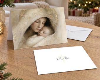 Personalized Madonna and Child Christmas Card, Classical Mary and Infant Jesus Art, Christian 5 x 7 Folded Cards with Envelopes, Family Name
