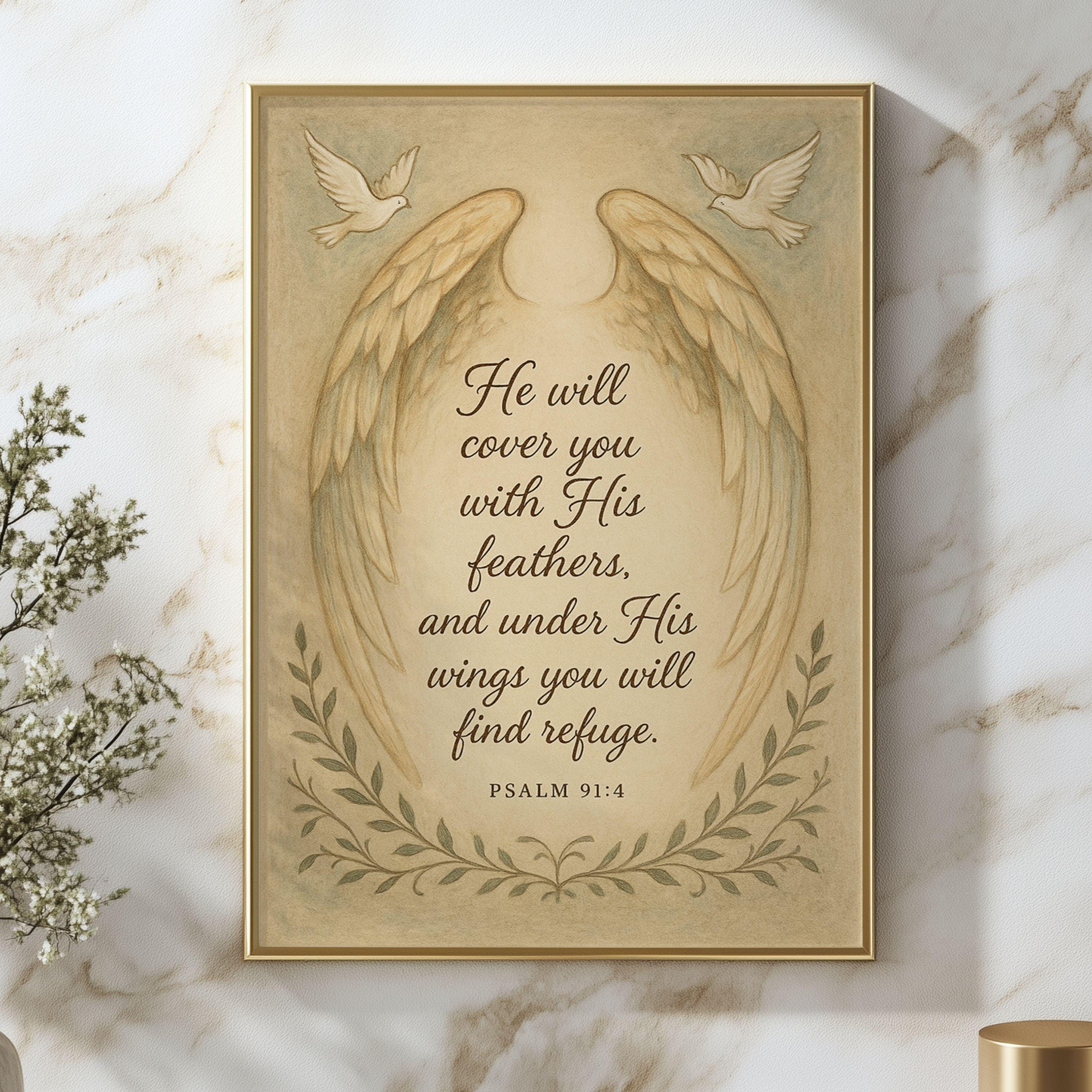 Psalm 91:4 Under His Wings Wall Art He Will Cover You With His Feathers ...