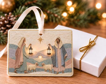 Shepherds and Sheep Christmas Ornament, Pastel Relief Style Christian Ceramic Art, 4 x 3 Landscape Ornament with Gift Box, Shepherds of Hope