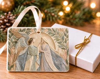 Annunciation Angel and Mary Christmas Ornament, Soft Pastel Christian Ceramic Art, 4x3 Landscape Ornament with Gift Box, The Angel's Promise