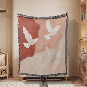 Three Doves Christian Woven Blanket Holy Trinity Symbolic Blanket Christian Home Decor Earthy Christian Woven Blanket White Doves Throw