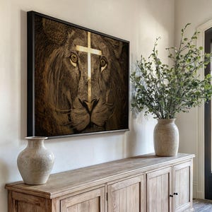 Lion of Judah Canvas Art: Christian Home Decor, Gold Cross