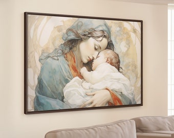 聖母マリアと眠る幼子イエスのカトリックキャンバス壁アート、キリスト