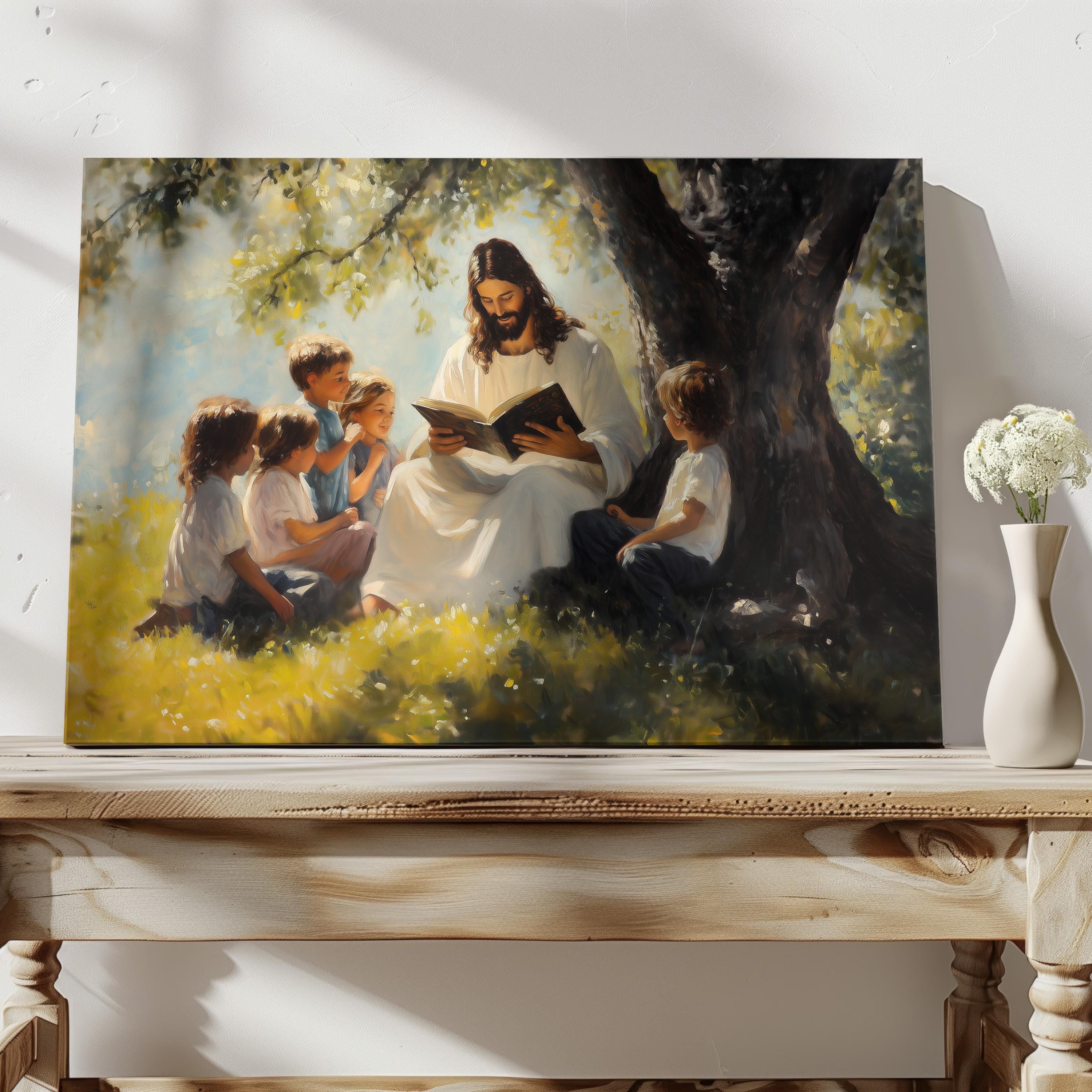 Jesus Reading To Children Matte Canvas Print, Christian Oil painting Print on Canvas, Jesus And Children Wall Art, Large Christian Wall Art