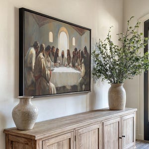 Modern Last Supper Framed Canvas Print Modernized Last Supper Wall Art Christian Home Decor Christ and 12 Disciples Framed Canvas Art