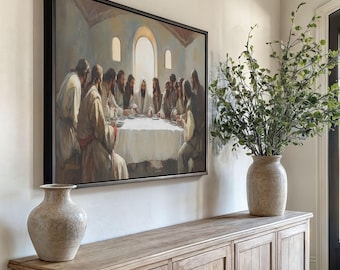 Modern Last Supper Framed Canvas Print Modernized Last Supper Wall Art Christian Home Decor Christ and 12 Disciples Framed Canvas Art