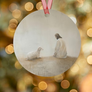 Christian Christmas Ornament Jesus and Lamb Ornament Tranquil Beige and White Christian Ornament Ar, Jesus the Shepard Christmas Ornament