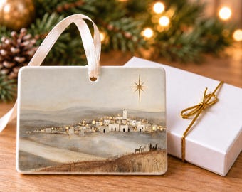 Bethlehem Village Christmas Ornament, Ivory Gold Christian Ceramic Gift, 4x3 Landscape Ornament with Gift Box, Star Over Bethlehem, Keepsake