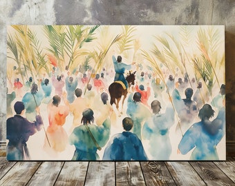Jesus Riding into Jerusalem Canvas, Palm Sunday art, Jesus painting, Jesus Canvas, Childrens Bible Art, Christian bible watercolor