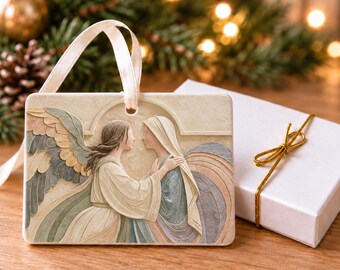 Annunciation Angel and Mary Christmas Ornament, Muted Pastel Christian Ceramic Art, 4x3 Landscape Ornament with Gift Box, A Message of Grace