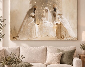 Adoration of the Magi Wall Art, Contemporary Christmas Nativity, Three Wise Men Religious Print, Ivory Gold Christian Home Decor, Sacred Art
