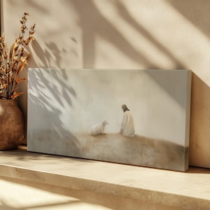 Christ Leaves the 99 Minimalist Oil Painting Canvas Print Religious Decor Art Christian Gift Parable Lost Sheep Art Long Horizonal Canvas