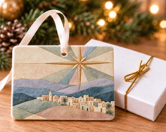 Star of Bethlehem Village Christmas Ornament, Pastel Printed Christian Ceramic Gift, 4x3 Landscape Ornament with Gift Box, Bethlehem's Light