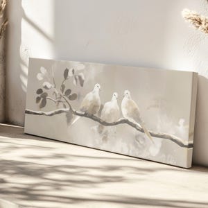 Three Doves Canvas Painting Print Wall Art Neutral Christian Decor Horizontal Matte Print Peaceful Bird Painting Faith Room Art Long Ratio