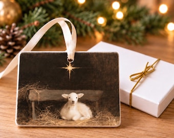 Lamb and Bethlehem Star Christmas Ornament, Rustic Christian Ceramic Art, 4x3 Landscape Ornament with Gift Box, Lamb at the Manger, Tree Art