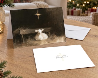 Personalized White Lamb Christmas Card, Rustic Manger and Bethlehem Star Art, Christian 5x7 Folded Holiday Cards with Envelopes, Family Name