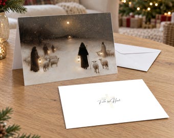 Personalized Shepherds' Christmas Card, Impressionist Gold Nativity Night Art, Lanterns and Sheep, Christian 5x7 Folded Cards with Envelopes